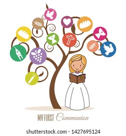 first communion card. Girl reading the bible under a tree