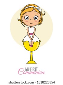 First communion card. Girl sitting in a calyx