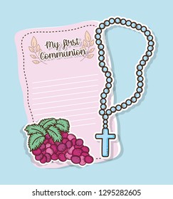 first communion card with grapes and rosary