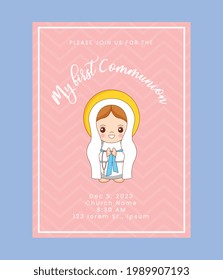 first communion card with holy mary cartoon. vector illustration
