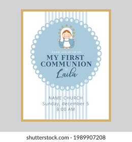 first communion card with holy mary cartoon. vector illustration