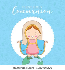 first communion card with holy mary cartoon. vector illustration