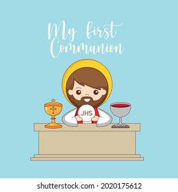 First Communion Card With Jesus On The Altar. Vector Illustration