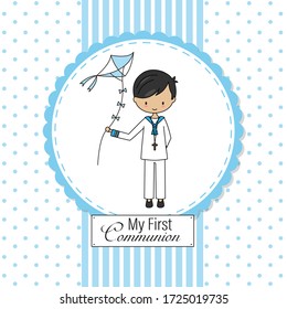 First communion card. Little boy with colored balloons