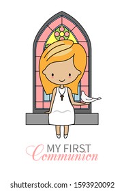 First communion card. Little girl with pigeon