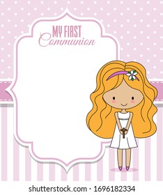 First communion card. Little girl next to frame with blank space