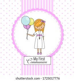 First communion card. Little girl with colored balloons