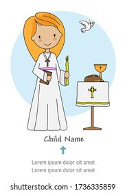 First communion card. Little girl with a candle and a bible