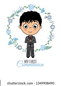 First communion card. Praying boy inside a flower frame