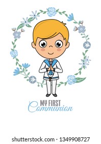 First communion card. Praying boy inside a flower frame