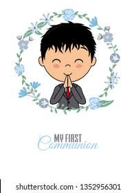 First communion card. Praying boy inside a flower frame