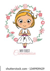 First communion card. Praying girl inside a flower frame