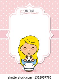 First communion card. Praying girl with space for text