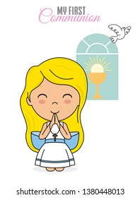First communion card. Praying girl