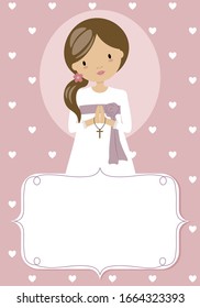 First communion card. Praying girl Frame with space for text