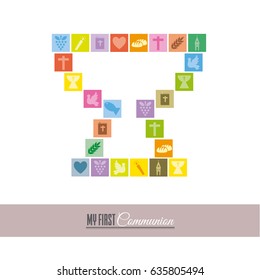 First communion card. Religious icons forming a chalice. 