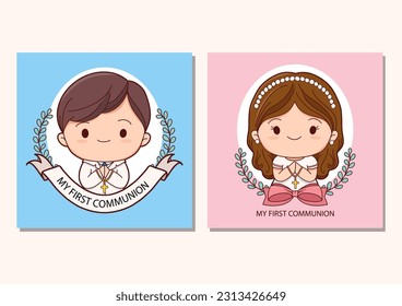 First communion card template for girl and boy vector illustration design. holy communion