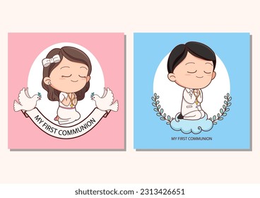 First communion card template for girl and boy vector illustration design. holy communion