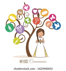first communion card. Tree with religious icons and girl praying