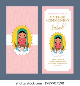 first communion card with virgin mary of guadalupe. vector illustration