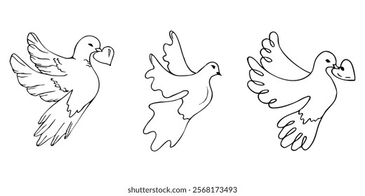 First communion celebration doves with heart symbols for invitations and cards. Set of Christian elements, catholic religion icons dove of peace. Hand drawn. Black and white vector illustration