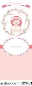 First communion celebration reminder. Cute girl wearing a white dress, surrounded by flower wreath. Space for text