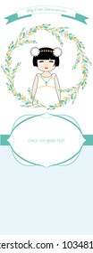 First communion celebration reminder. Cute girl wearing a white dress, surrounded by flower wreath. Space for text