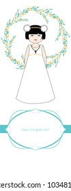 First communion celebration reminder. Cute girl wearing a white dress, surrounded by flower wreath. Space for text