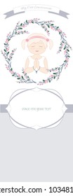 First communion celebration reminder. Cute girl wearing a white dress, surrounded by flower wreath. Space for text