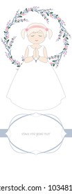 First communion celebration reminder. Cute girl wearing a white dress, surrounded by flower wreath. Space for text