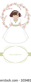 First communion celebration reminder. Cute girl wearing a white dress, surrounded by flower wreath. Space for text
