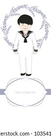 First communion celebration reminder. Cute boy wearing communion suit surrounded by flower wreath. Space for text.