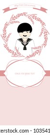 First communion celebration reminder. Cute boy wearing communion suit surrounded by flower wreath. Space for text.
