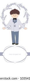 First communion celebration reminder. Cute boy wearing communion suit surrounded by flower wreath. Space for text.