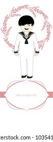 First communion celebration reminder. Cute boy wearing communion suit surrounded by flower wreath. Space for text.