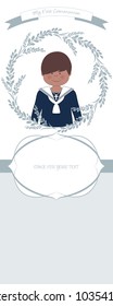 First communion celebration reminder. Cute boy wearing communion suit surrounded by flower wreath. Space for text.