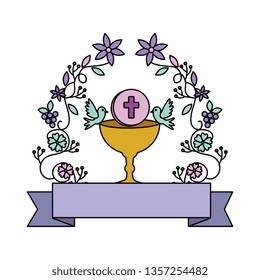 first communion in chalice with floral crown