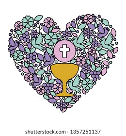 first communion in chalice with floral heart decoration