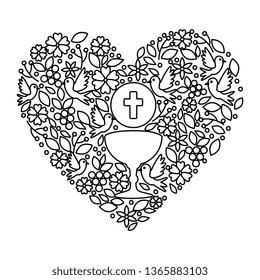 first communion in chalice with floral heart decoration