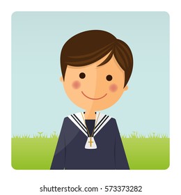 First communion child foreground on blue sky background