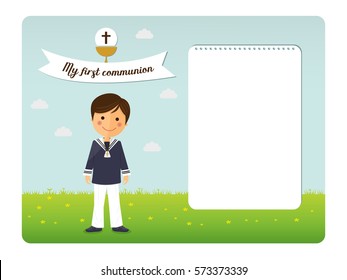 First communion child invitation on blue sky background