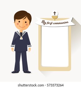 First communion child on square background with message