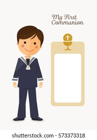 First communion child on white background with message