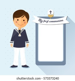 First communion child square card on blue background