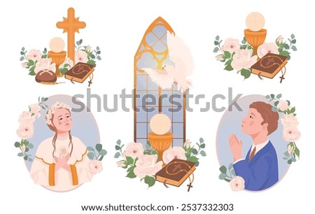 First Communion clipart set. Vector compositions with church attributes. Boy and girl praying. Grail, church bread, wine, Bible, rosary, crucifix, flowers, decorated altar. Symbols of Christian faith.