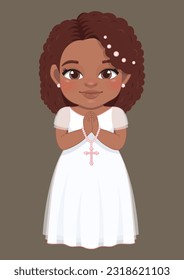 First communion concept with American African girl praying has a rosary in her hand and standing on brown background vector