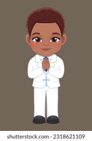 First communion concept with American African boy praying has a rosary in his hand and standing on brown background vector