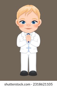 First communion concept with blond hair boy praying has a rosary in his hand and standing on brown background vector