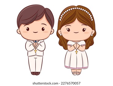 First communion concept with cute boy and girl praying and standing together hand drawn sketch style on white background vector.