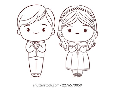 First communion concept with cute boy and girl praying and standing together doodle style on white background vector.